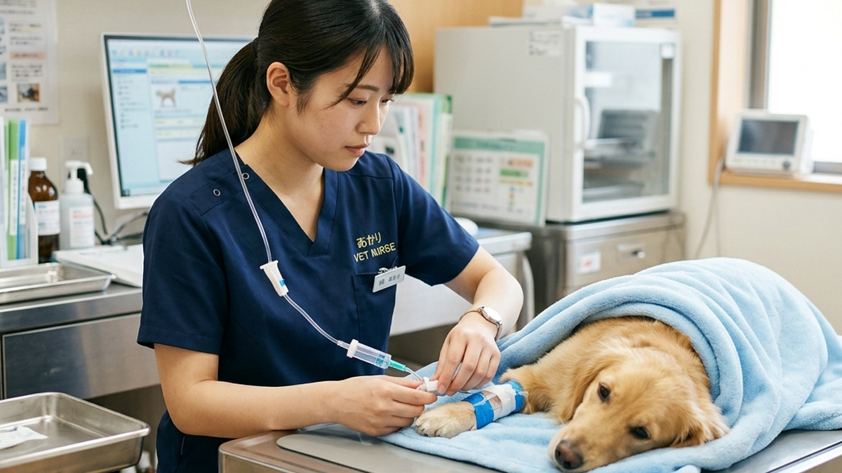 動物病院で犬に点滴治療をしている様子（実写風）