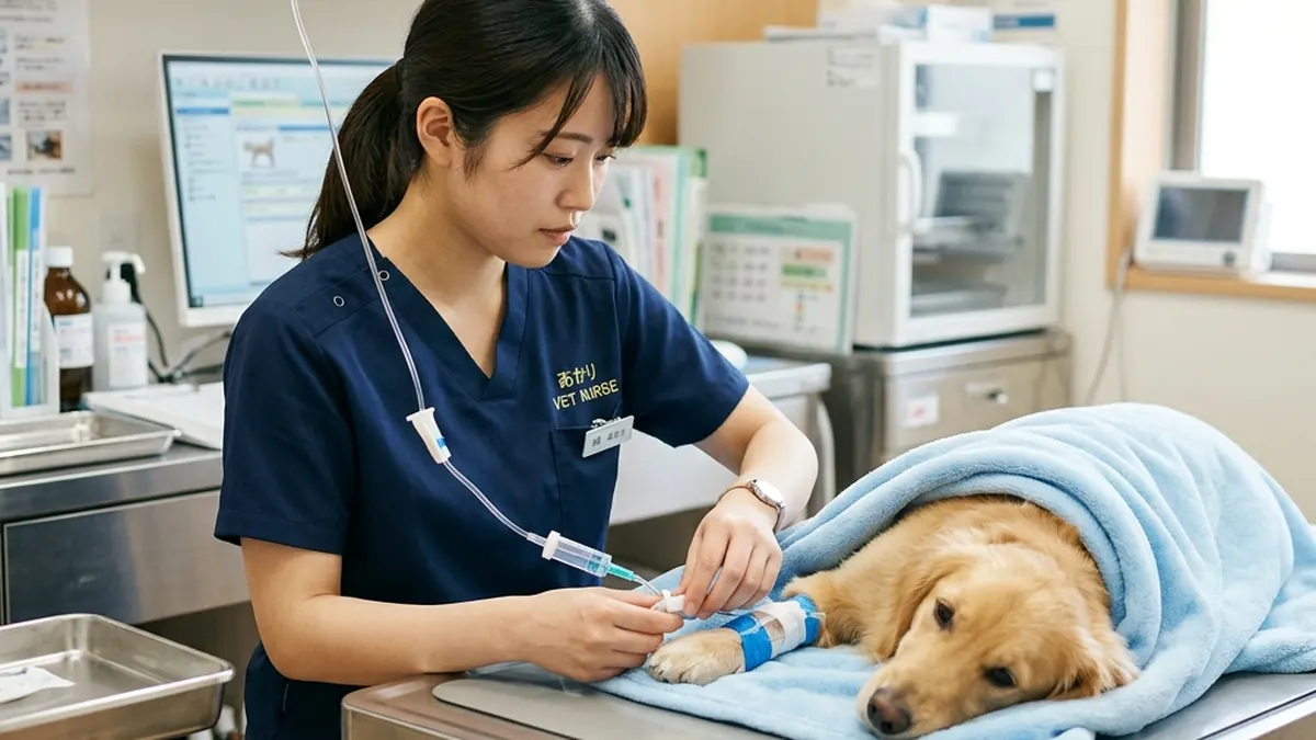 動物病院で犬に点滴治療をしている様子（実写風）