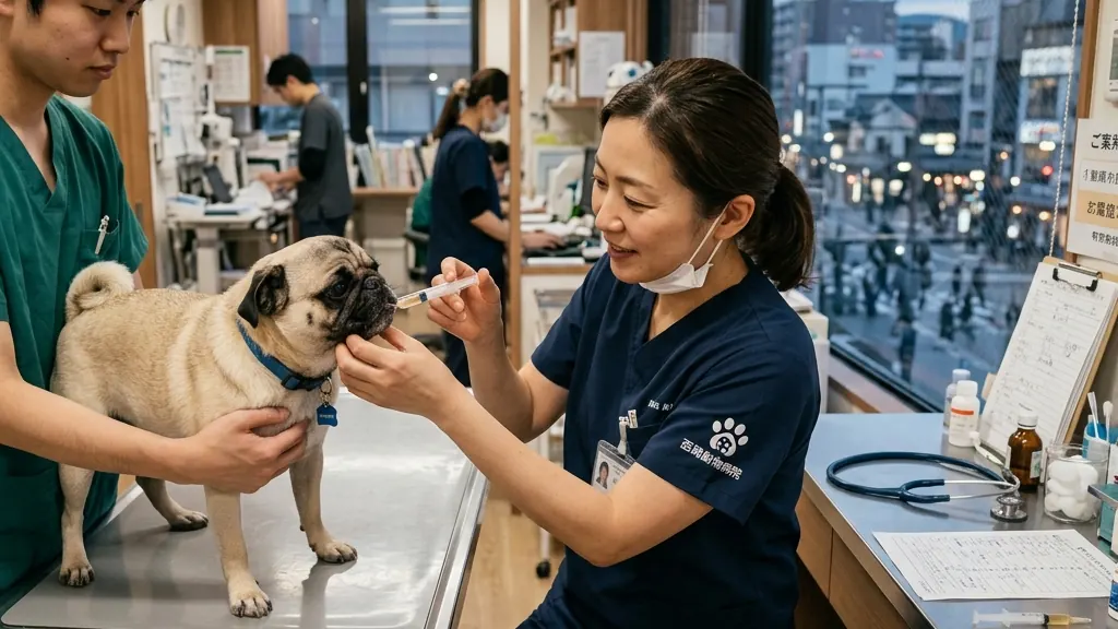 犬の腹部エコー検査をおこなう獣医師（実写風）