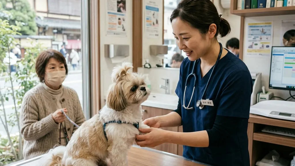 犬の鼻腔スワブ検体を確認する獣医師（実写風）