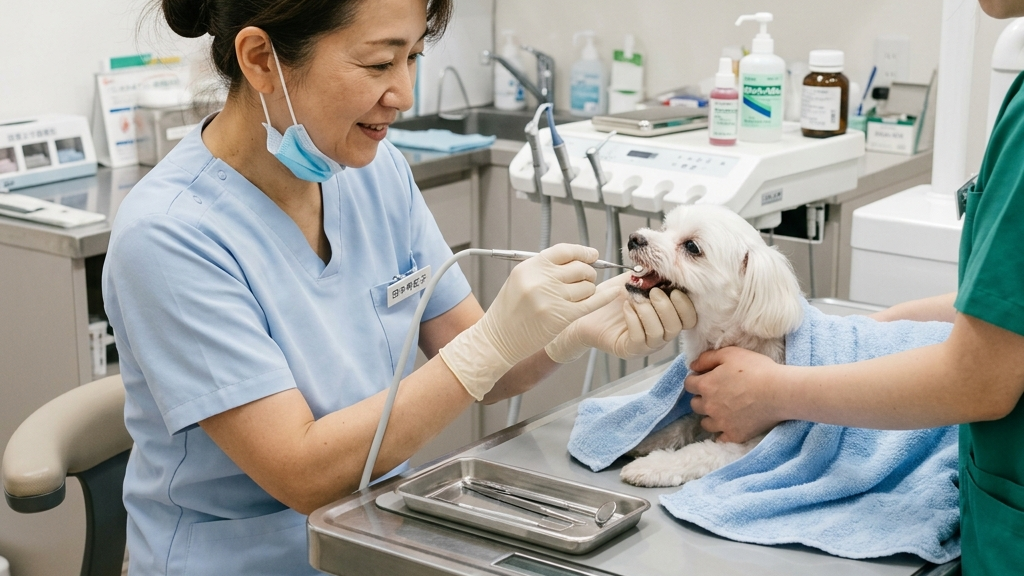 犬の歯科処置（歯石除去）をおこなう獣医師（実写風）