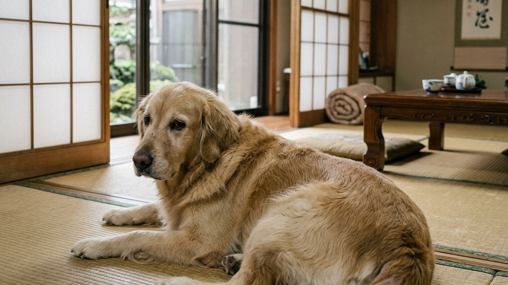 毛が薄く腹部が太った犬（実写風）