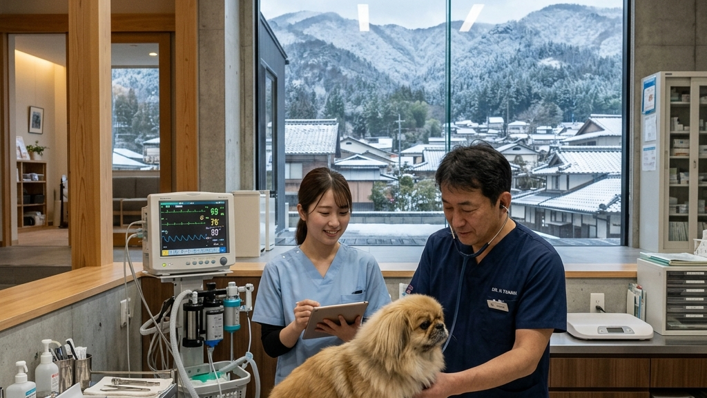 犬の血液検査結果を確認する獣医師（実写風）