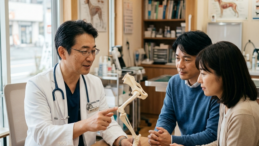 治療後に屋外を元気に歩く大型犬と寄り添う日本人家族（実写風）