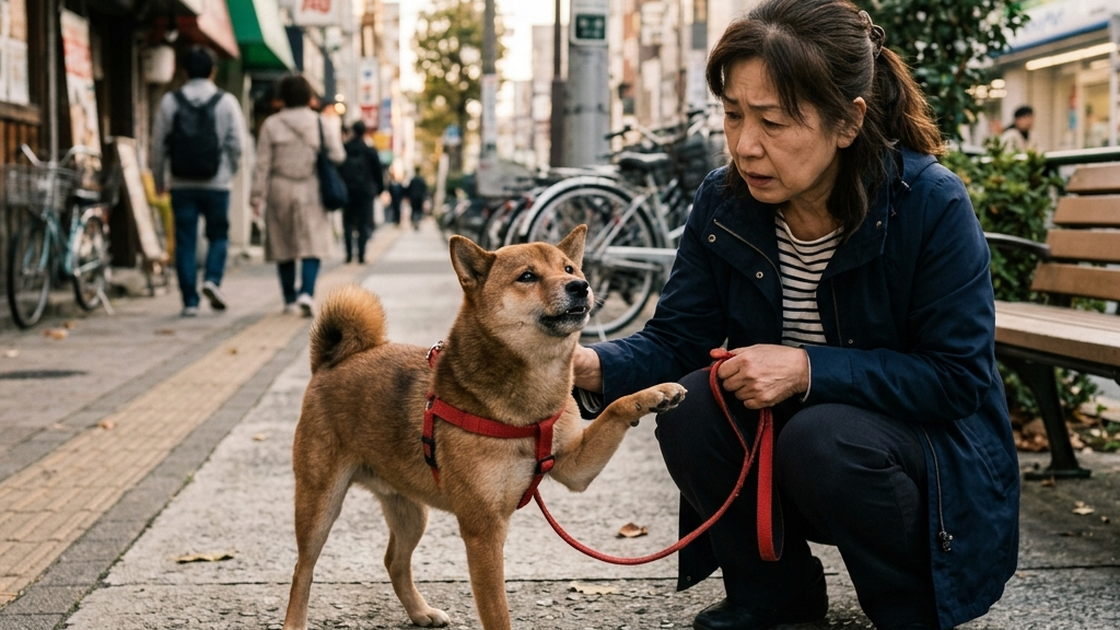 回復して元気に歩く犬と安心した表情の日本人飼い主（実写風）