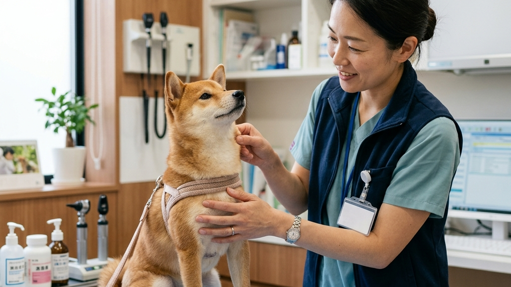回復して元気に食事をする犬を見て安心する日本人飼い主（実写風）