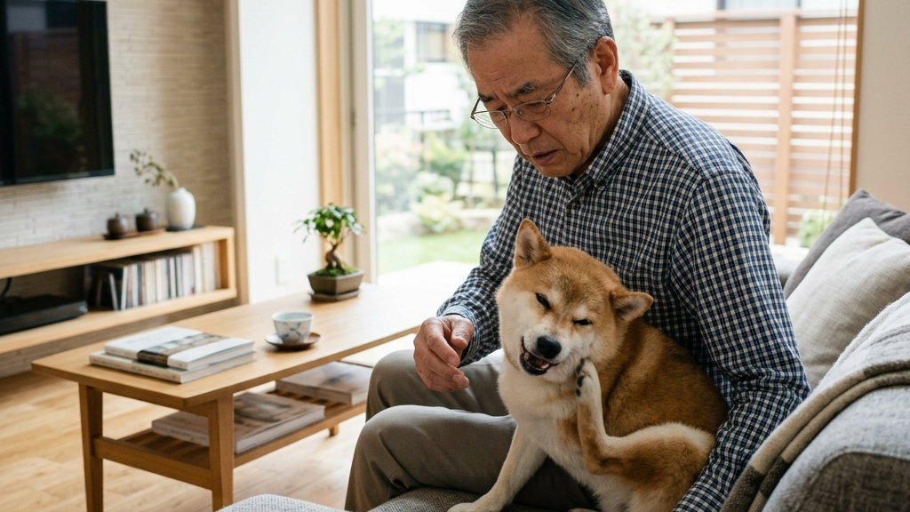 口腔内チェックをされながらリラックスしている犬と安心した日本人飼い主（実写風）