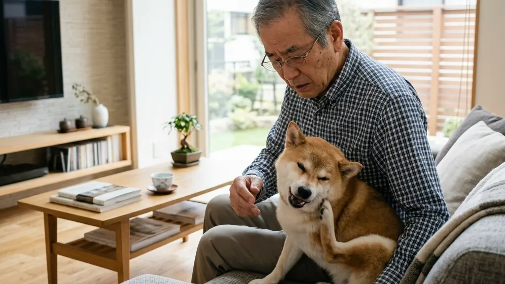 口腔内チェックをされながらリラックスしている犬と安心した日本人飼い主（実写風）