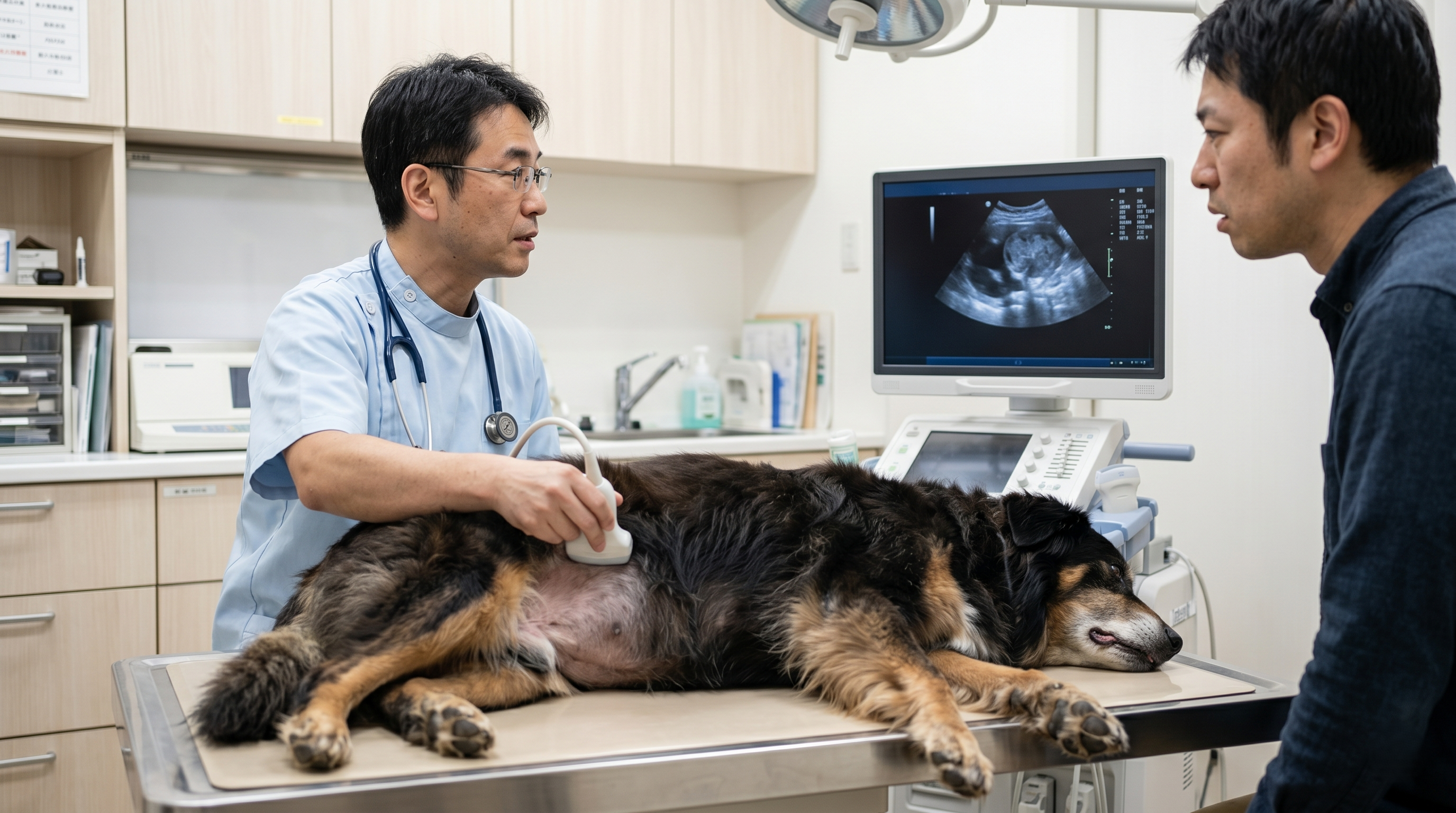 脾臓の解剖構造を示す模型を前に説明する獣医師と飼い主の対話（実写風）