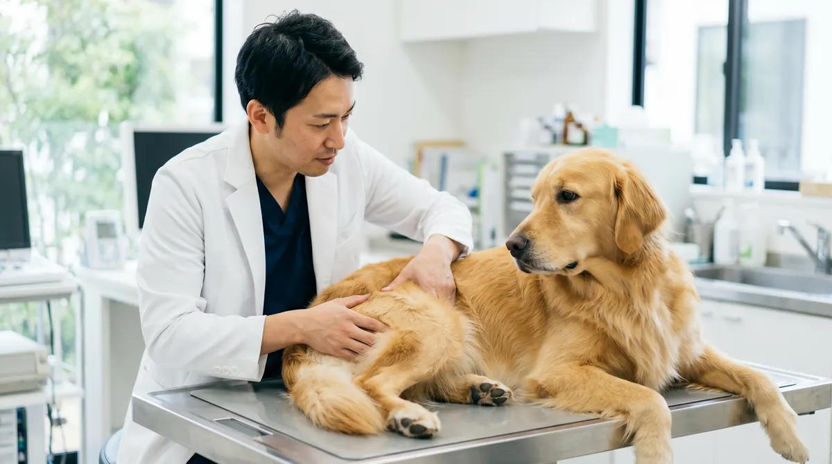 動物病院でレントゲン検査を受ける大型犬（実写風）