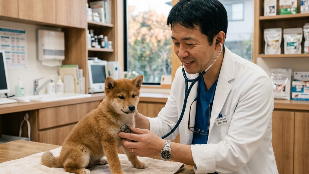 動物病院で診察を受けた後、穏やかに休む犬（実写風）