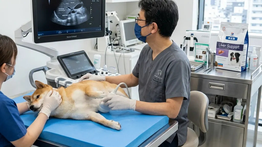 高齢犬のCT検査画像を確認する獣医師（実写風）