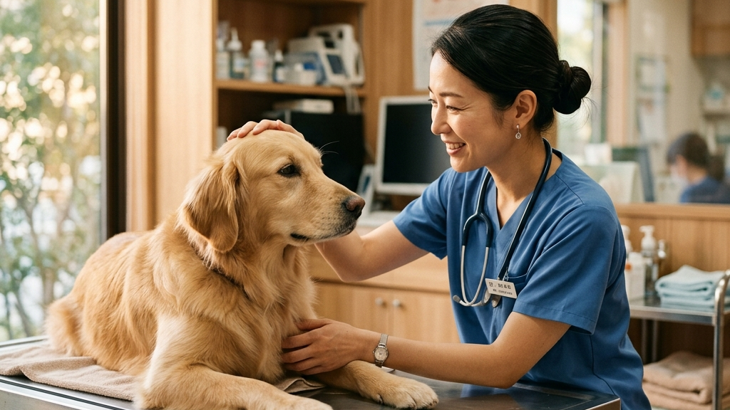 動物病院で術後回復中の犬とそばに寄り添う飼い主（実写風）