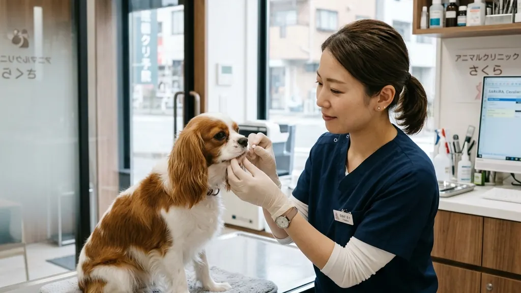 動物病院で皮膚の顕微鏡検査をする獣医師（実写風）