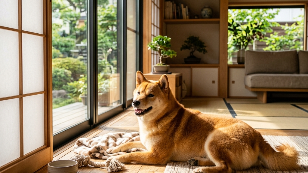 治療後に皮膚が回復した犬を嬉しそうに撫でる飼い主（実写風）