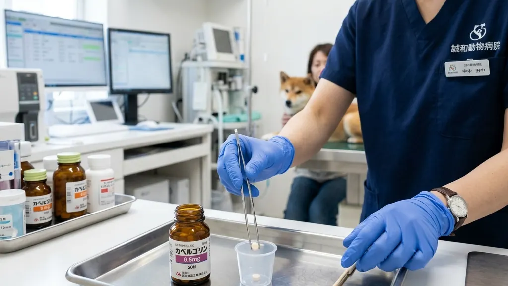 ホルモン変化の解説を受ける飼い主と獣医師の診察室のシーン（実写風）