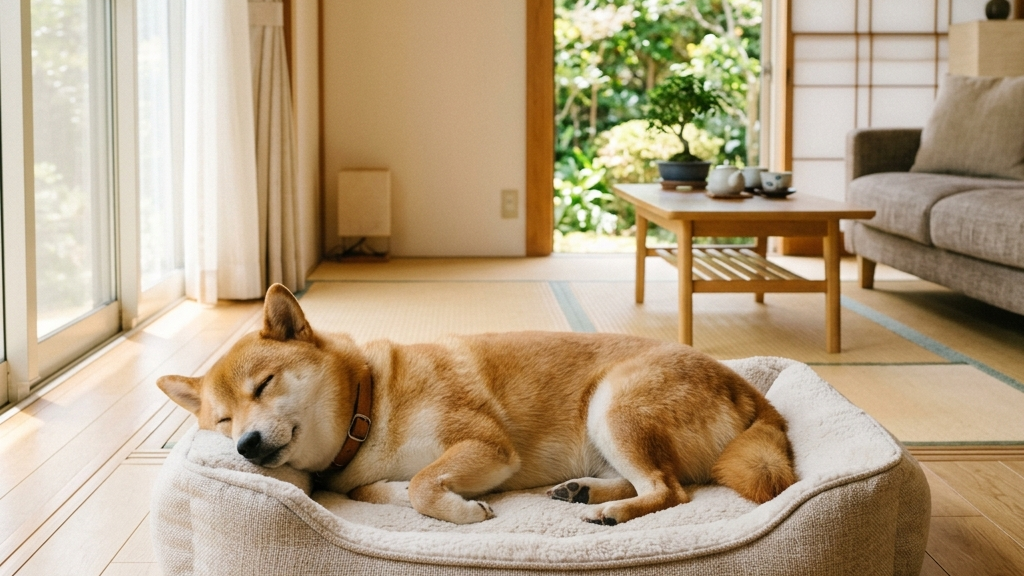 元気を取り戻した雌犬と安心した表情の飼い主が公園を散歩する様子（実写風）