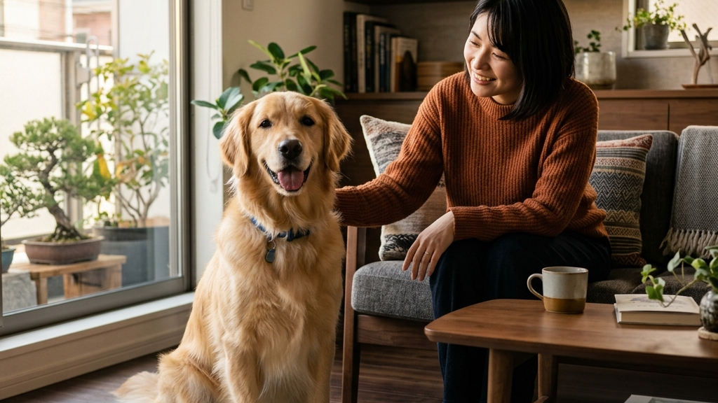 体調が回復して庭を元気に走る犬と笑顔の飼い主（実写風）