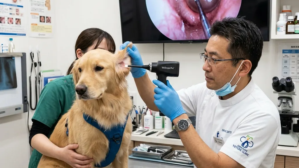 垂れ耳の犬の耳内を丁寧に観察している日本人獣医師（実写風）