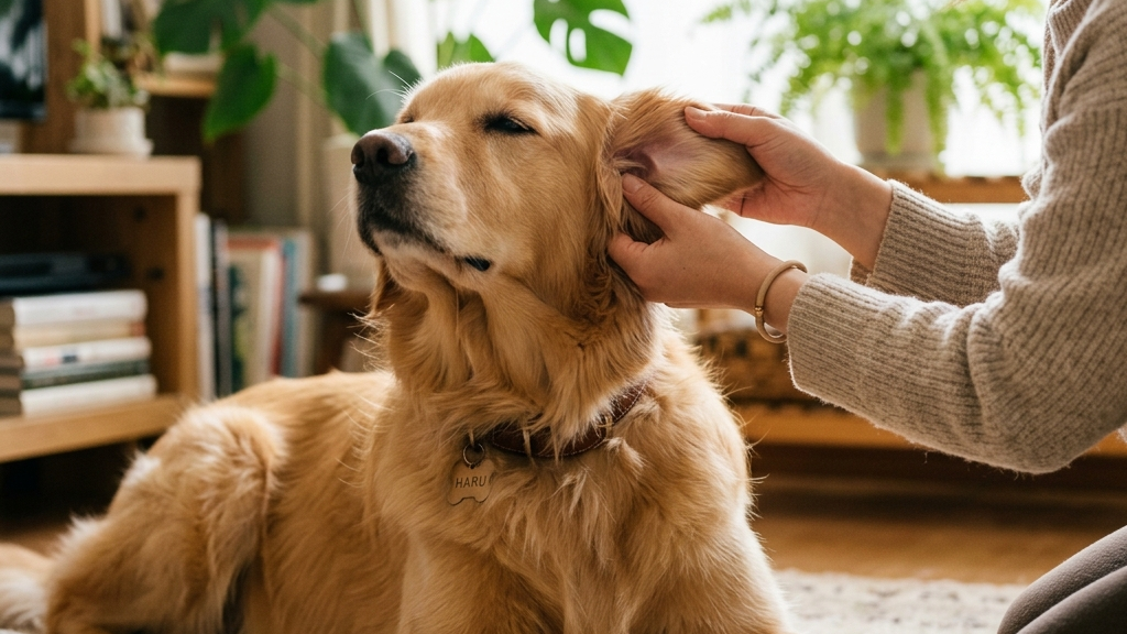 耳の治療が完了して元気に走り回る犬と安心した飼い主の屋外シーン（実写風）
