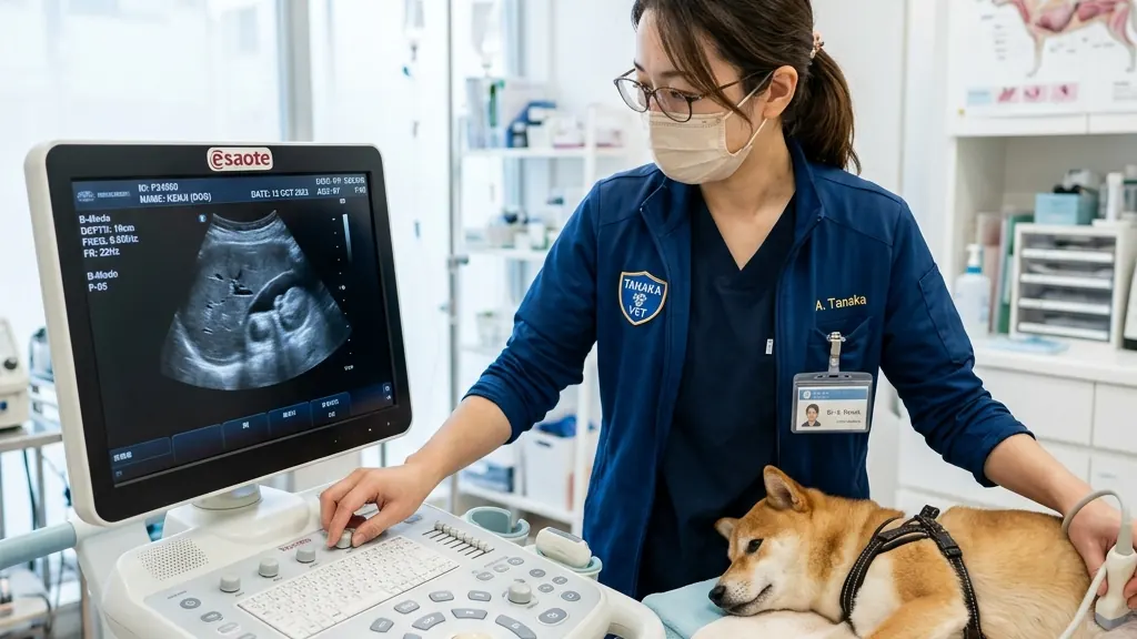 動物病院で触診を受けるビーグル犬と白衣の獣医師（実写風）