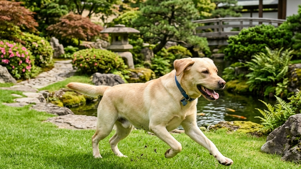 リハビリで水中歩行をする中型犬とトレーナー（実写風）