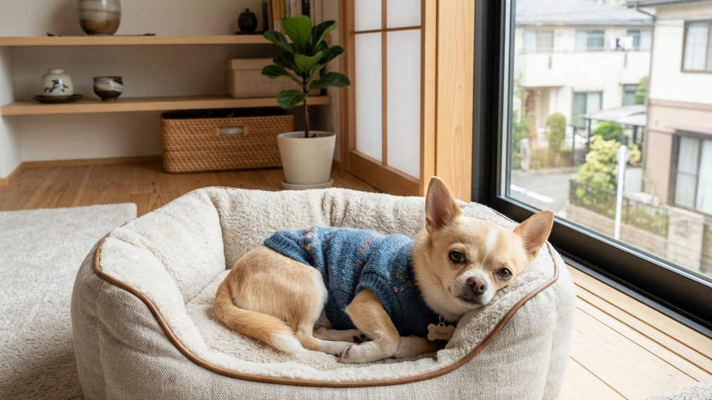 動物病院で点滴治療を受ける小型犬と優しく見守る飼い主（実写風）