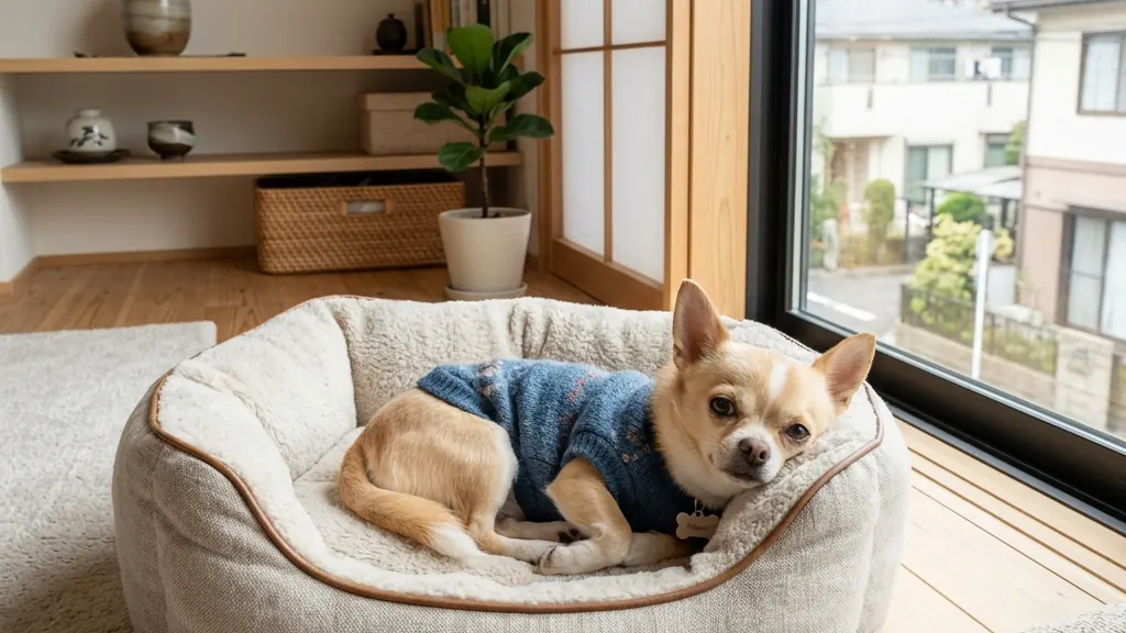 動物病院で点滴治療を受ける小型犬と優しく見守る飼い主（実写風）