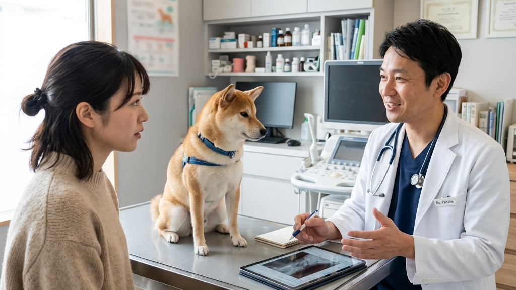 点滴治療を受けながら回復する犬と心配そうに見守る飼い主（実写風）