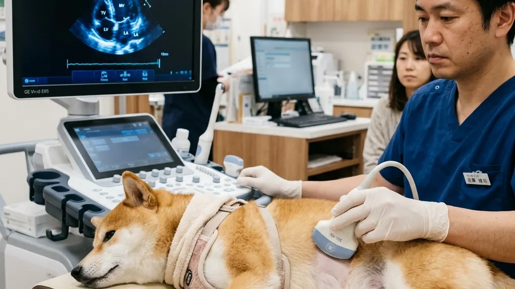心臓の超音波検査（心エコー）を受ける小型犬と獣医師（実写風）