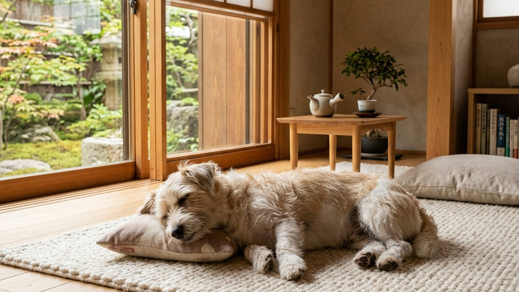 術後に回復した犬が飼い主と寄り添っている様子（実写風）
