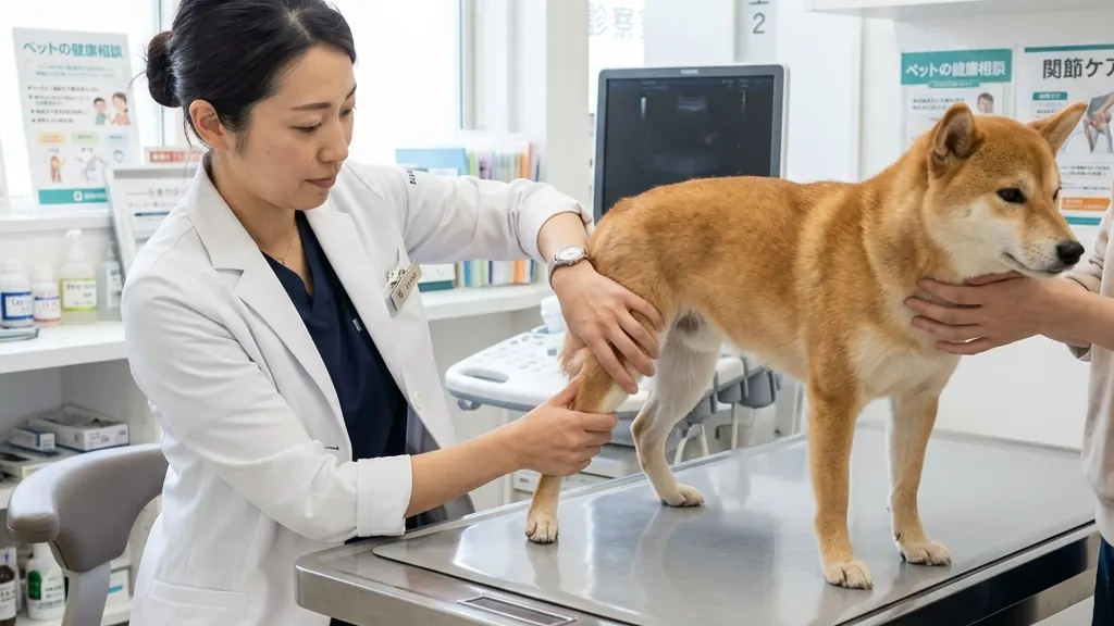 犬の膝関節の骨格と膝蓋骨の位置関係を示したイメージ（実写風）