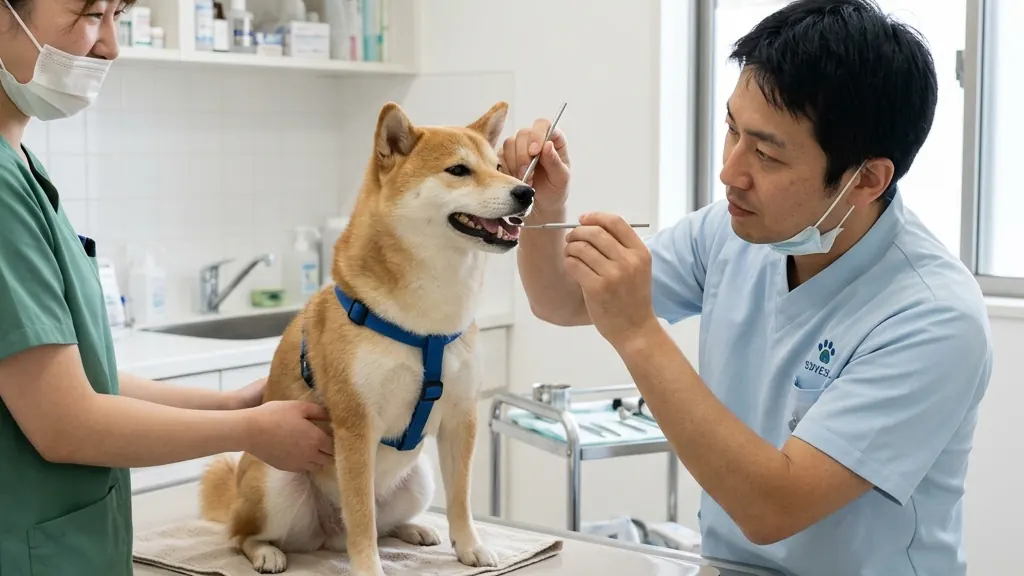 犬の歯垢・歯石形成のメカニズムを示した接写イメージ（実写風）