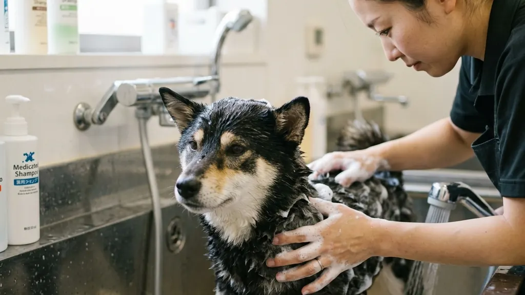 犬の皮膚断面の脂腺と皮脂分泌のイメージ（実写風）