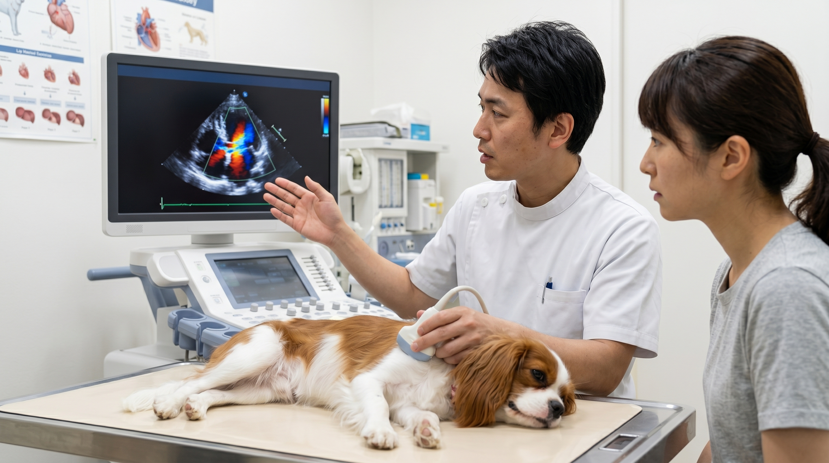 心臓の断面模型を指差して説明する獣医師（実写風）