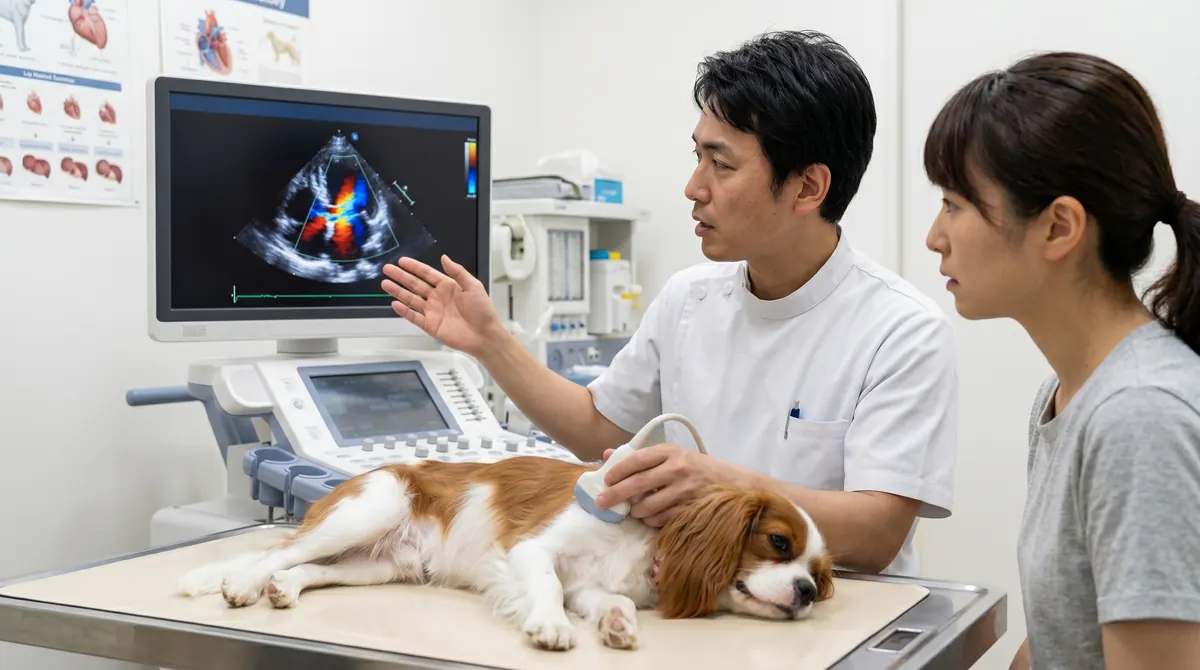 心臓の断面模型を指差して説明する獣医師（実写風）