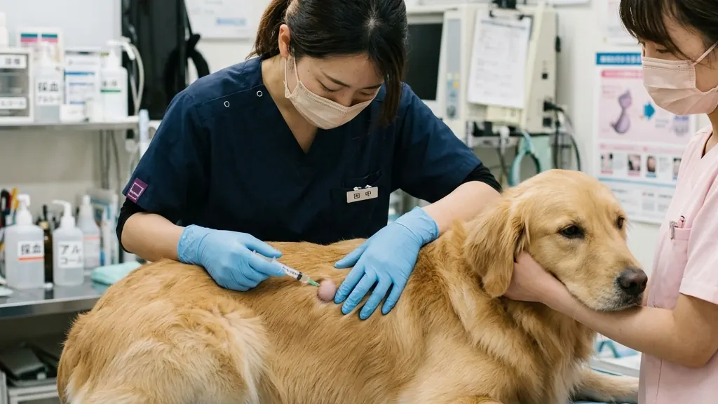 体重が増加気味の中高齢の犬が診察台に乗っているシーン（実写風）