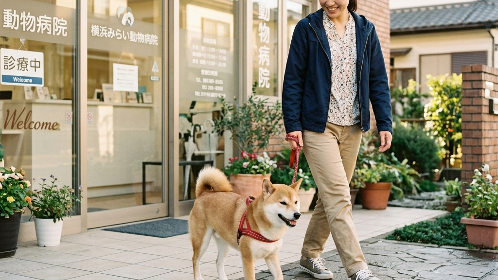 定期検診で犬のしこりをチェックする獣医師と安心する飼い主（実写風）