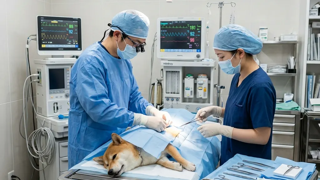 子犬を抱いて診察室で説明を聞く飼い主と獣医師（実写風）