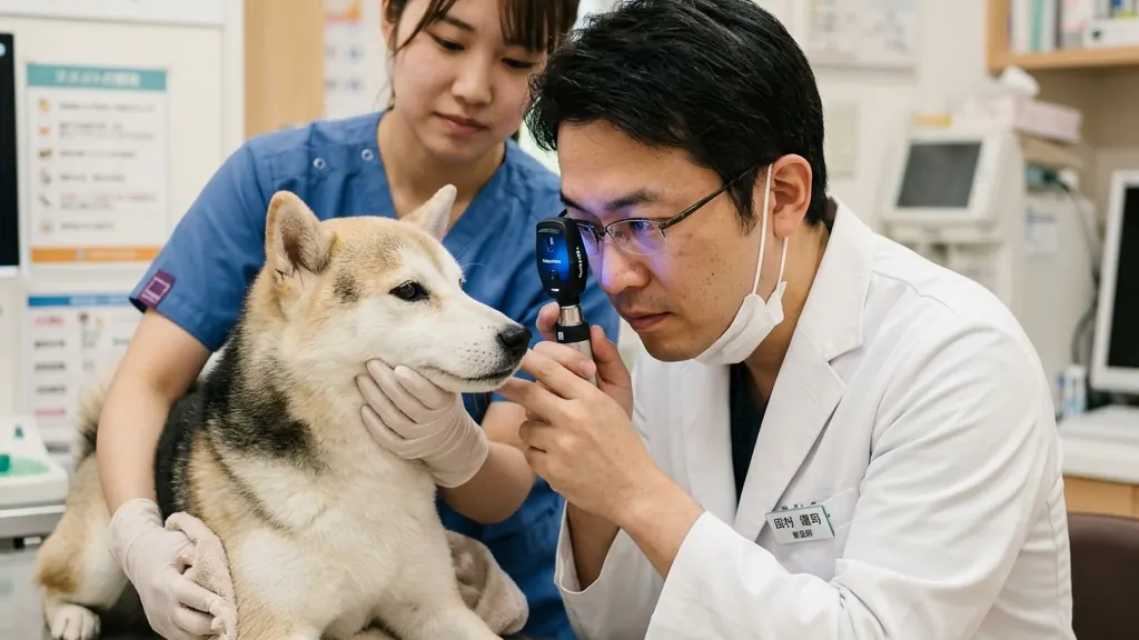 眼科専門設備で犬の眼底を検査する獣医師（実写風）