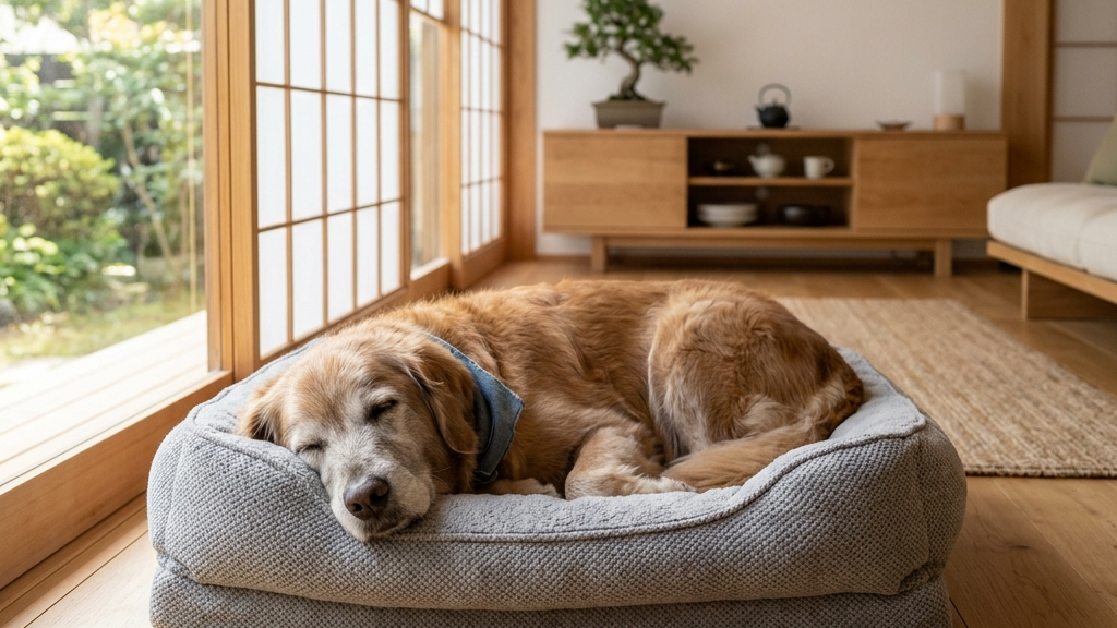 盲目になった犬を穏やかにリードする飼い主の散歩シーン（実写風）