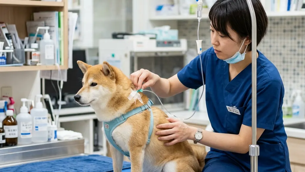 動物病院で腎臓の超音波検査を受ける老犬と診察する獣医師の様子（実写風）