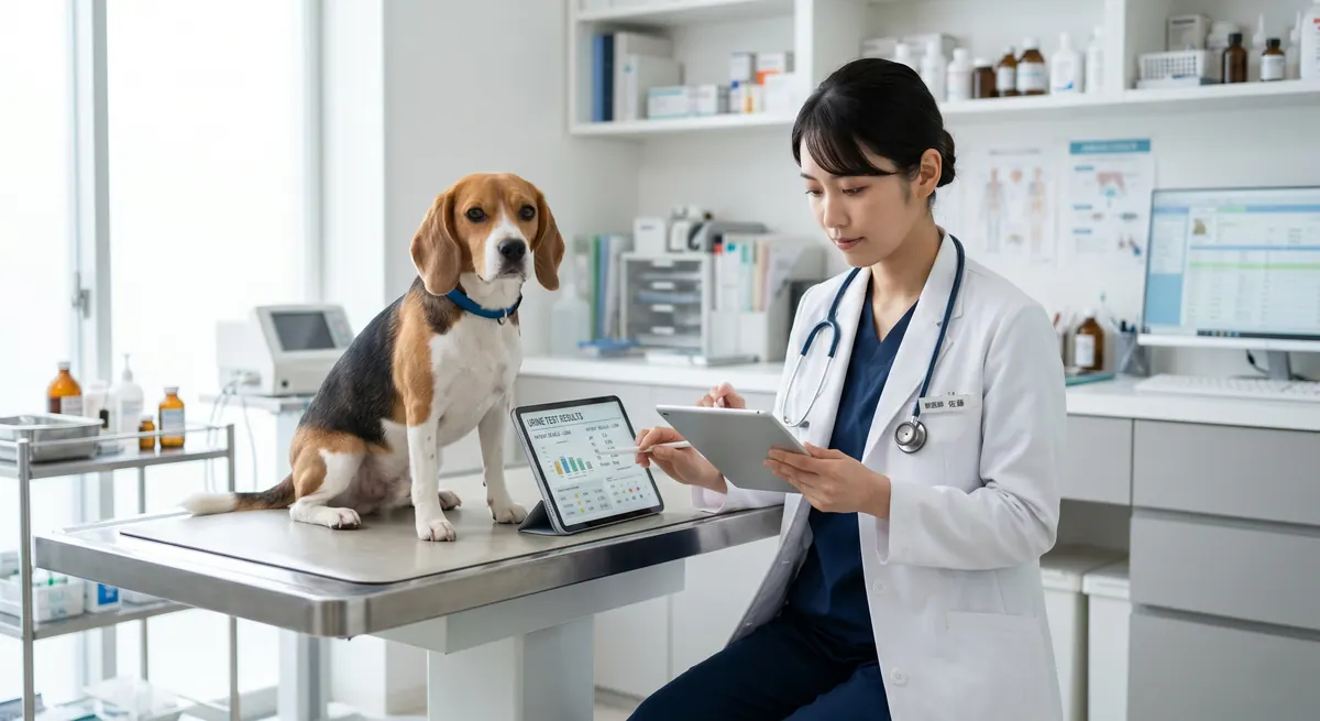 動物病院で血液検査と尿検査の結果を確認している獣医師と飼い主の様子（実写風）