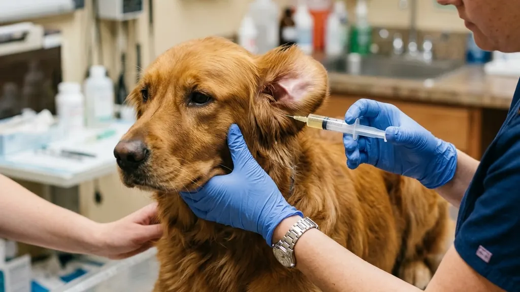 外耳炎で耳を気にして掻こうとしている犬を動物病院で診察する獣医師の様子（実写風）