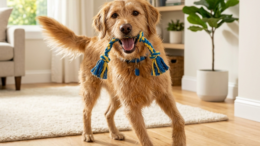 治療後に元気を取り戻した犬と安心した様子の日本人家族の様子（実写風）