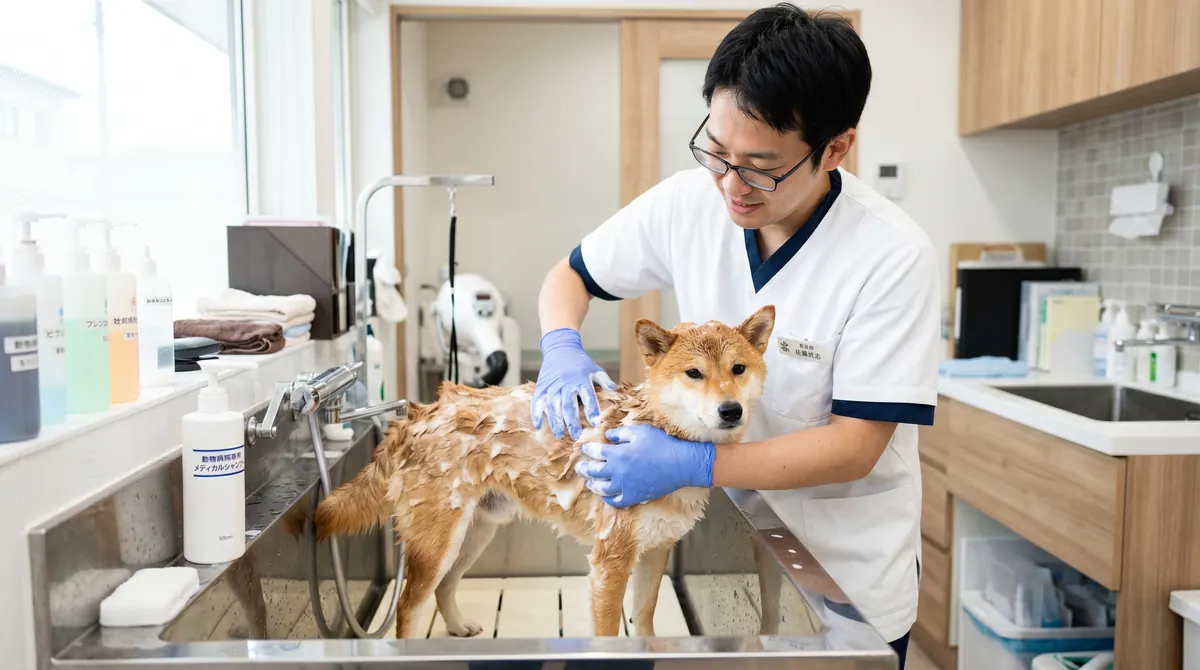 ドッグランで複数の犬が接触している様子（実写風）