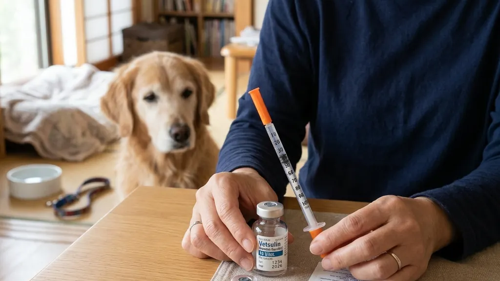 飼い主が犬にインスリン注射を行っている自宅の様子（実写風）