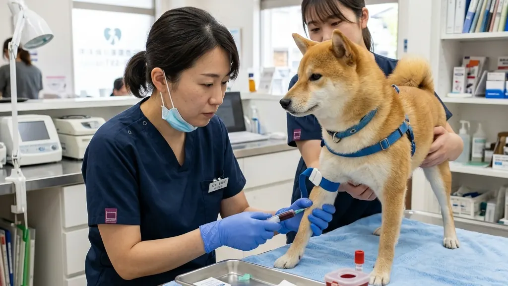 動物病院で血液検査の結果を確認している獣医師（実写風）