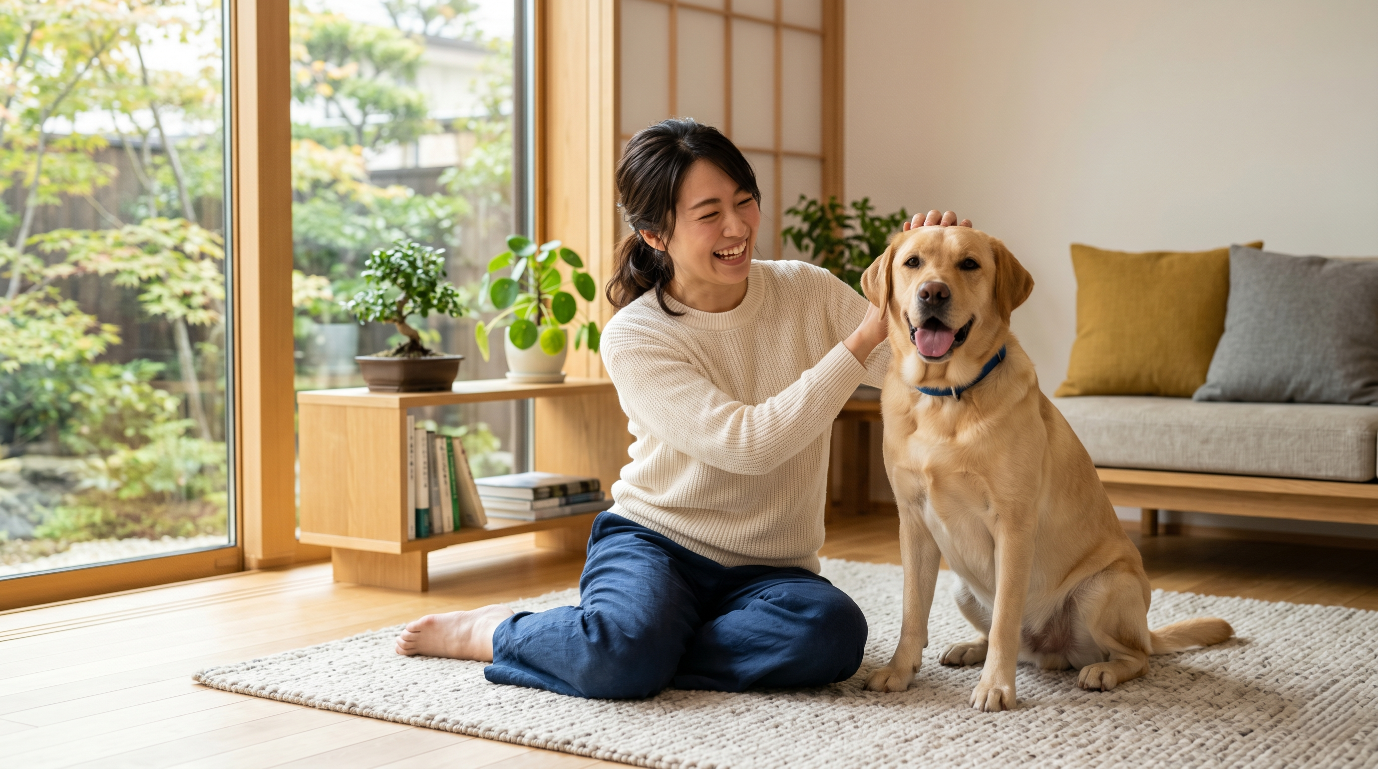 獣医師に診察を受けている犬と飼い主の様子（実写風）