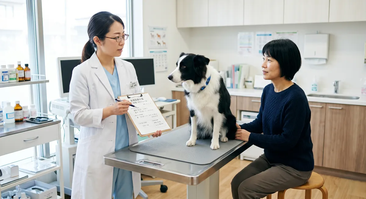 MRI検査を受ける犬と準備をする獣医師チーム（実写風）
